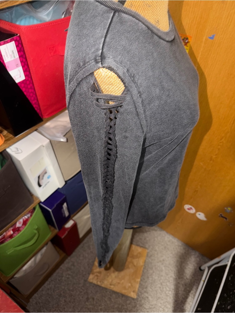 Washed Charcoal Long-Sleeve Crochet-Trim Top - Picture 8 of 12